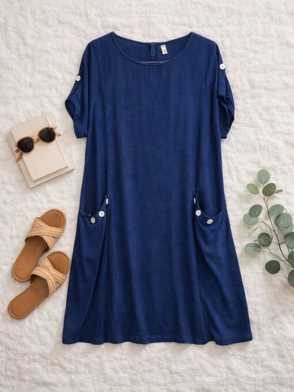 Yidarton Casual Blue Short Sleeve Dress with Pockets linen blend XL